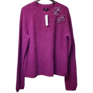 NWT J. CREW Ribbed Knit Crew Neck Sweater Beaded Wool Alpaca Pink Women's Large
